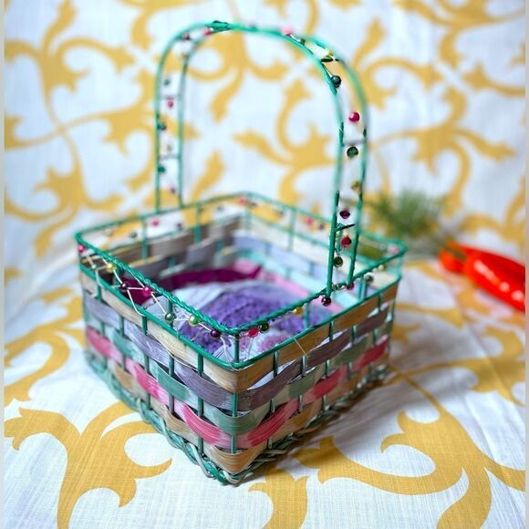 Purple Multicolor Square Woven Basket Beaded Border Details BONUS Purple Decor S - Picture 1 of 7